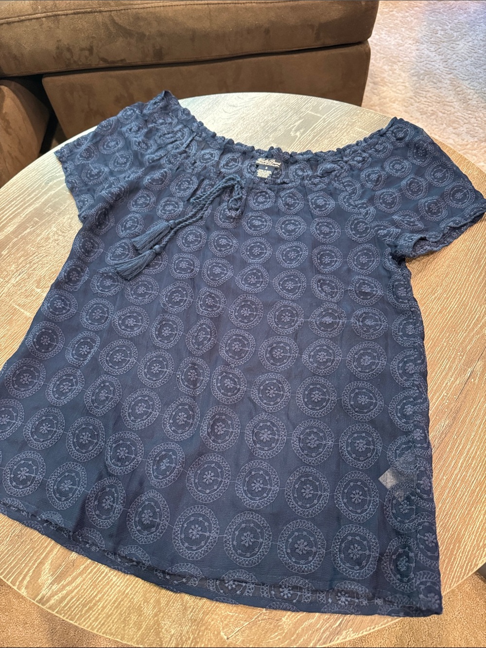 Lucky Brand Navy Embroidered Off-Shoulder Peasant Blouse